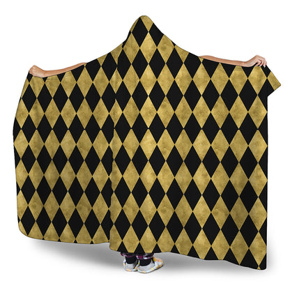 Black And Gold Harlequin Pattern Print Hooded Blanket