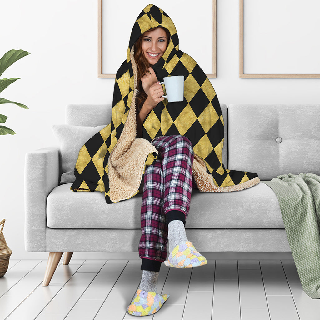 Black And Gold Harlequin Pattern Print Hooded Blanket
