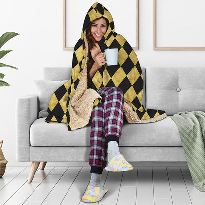 Black And Gold Harlequin Pattern Print Hooded Blanket