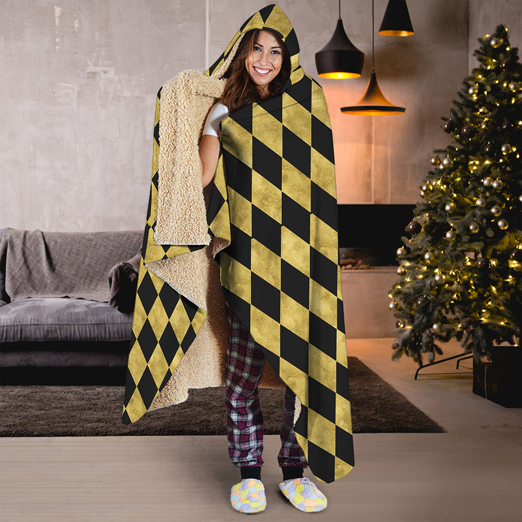 Black And Gold Harlequin Pattern Print Hooded Blanket
