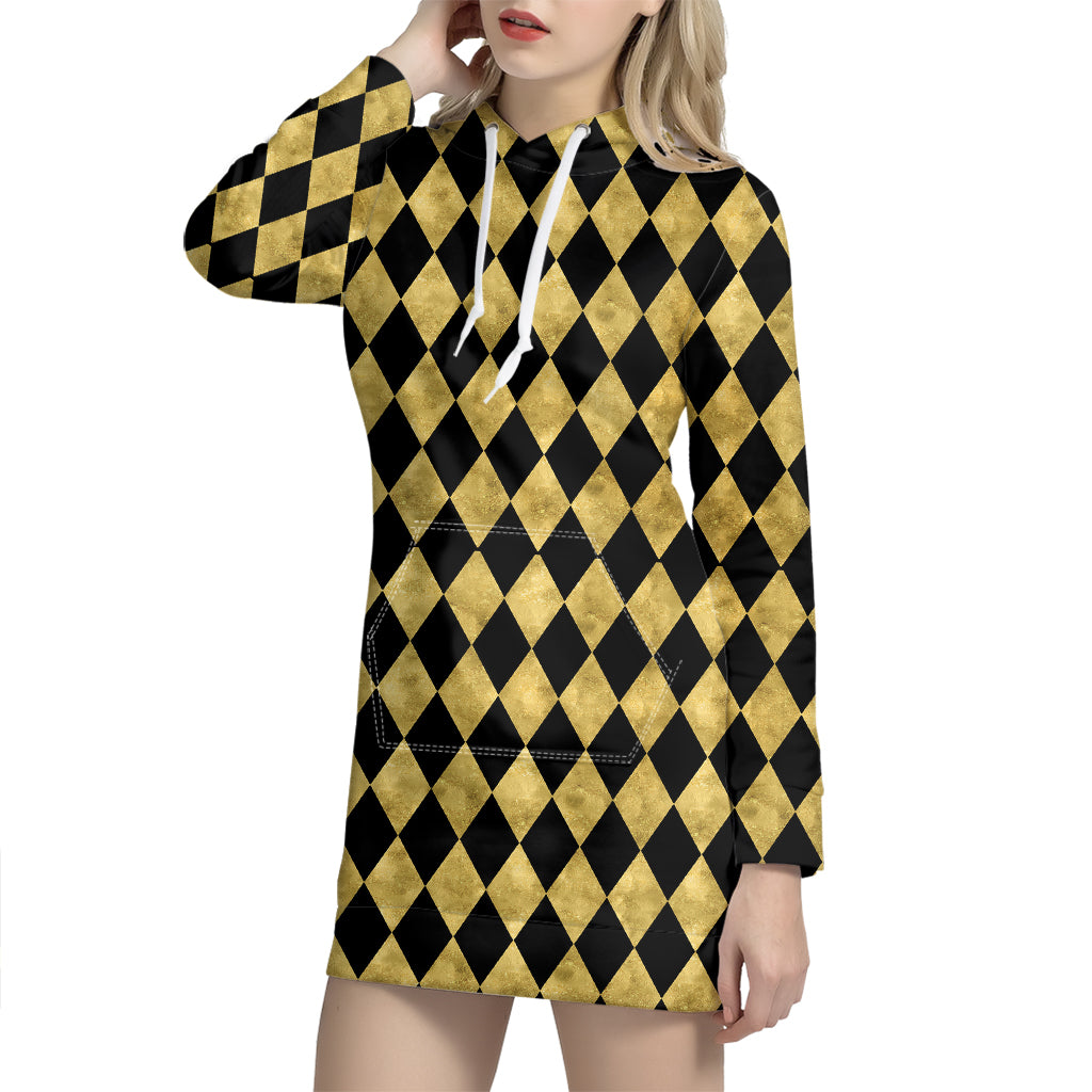 Black And Gold Harlequin Pattern Print Hoodie Dress