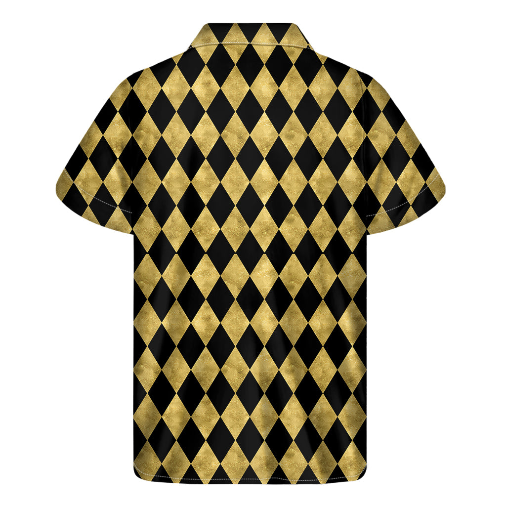 Black And Gold Harlequin Pattern Print Men's Short Sleeve Shirt