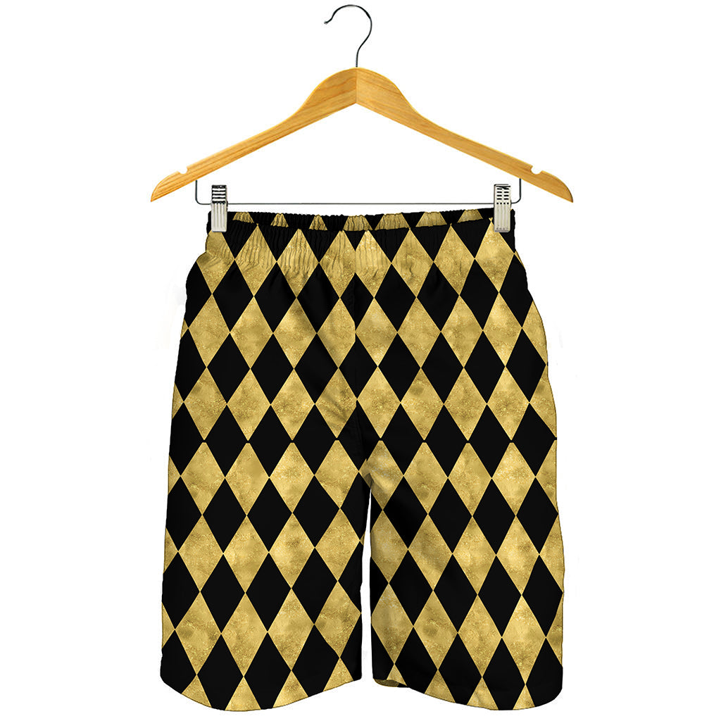 Black And Gold Harlequin Pattern Print Men's Shorts