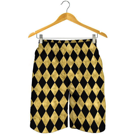 Black And Gold Harlequin Pattern Print Men's Shorts