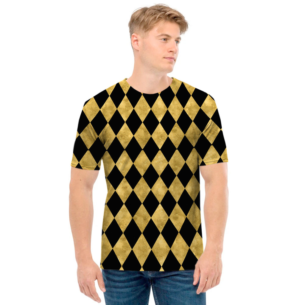 Black And Gold Harlequin Pattern Print Men's T-Shirt