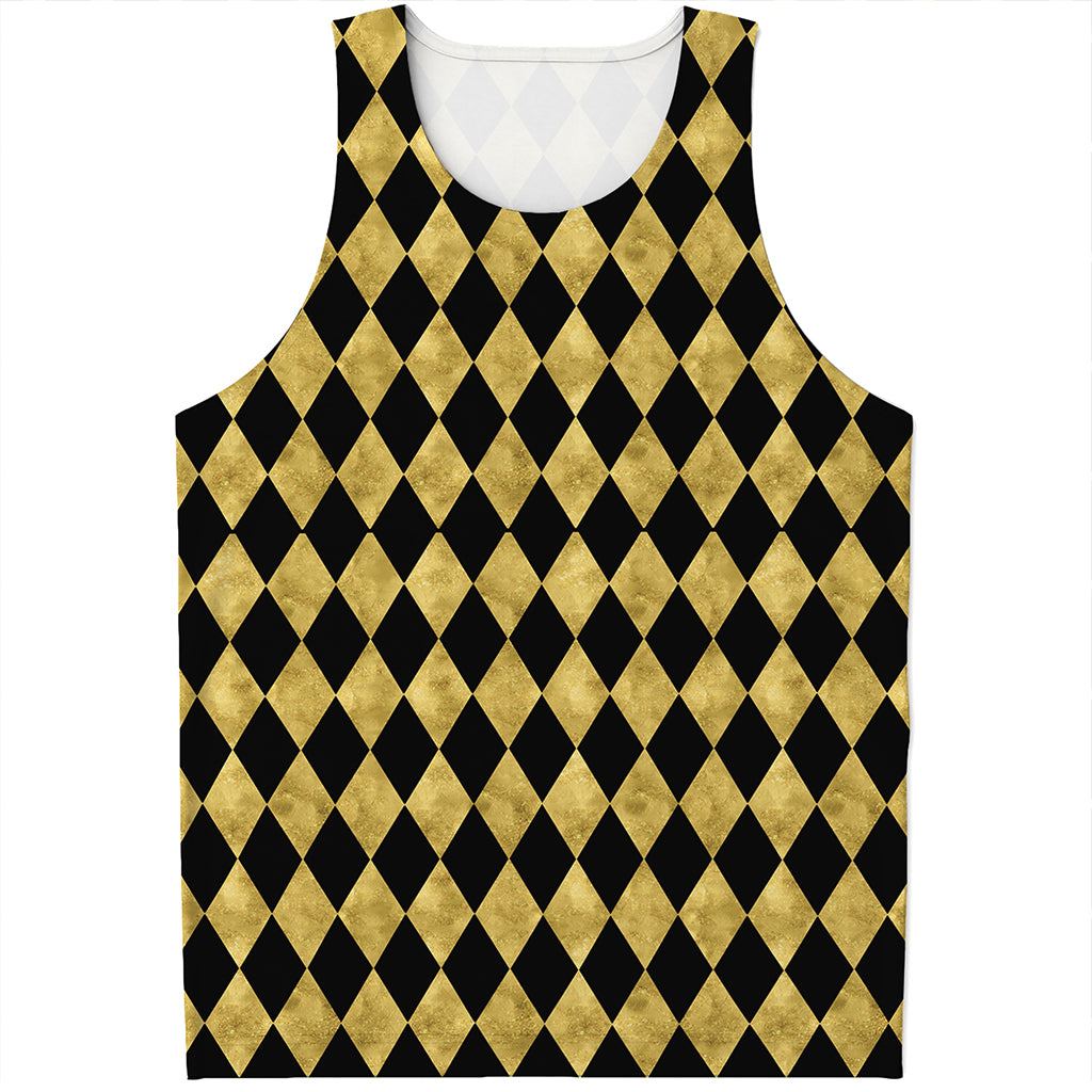 Black And Gold Harlequin Pattern Print Men's Tank Top