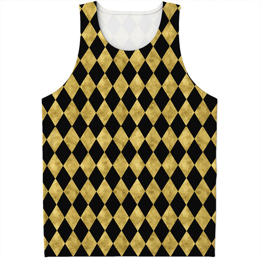 Black And Gold Harlequin Pattern Print Men's Tank Top