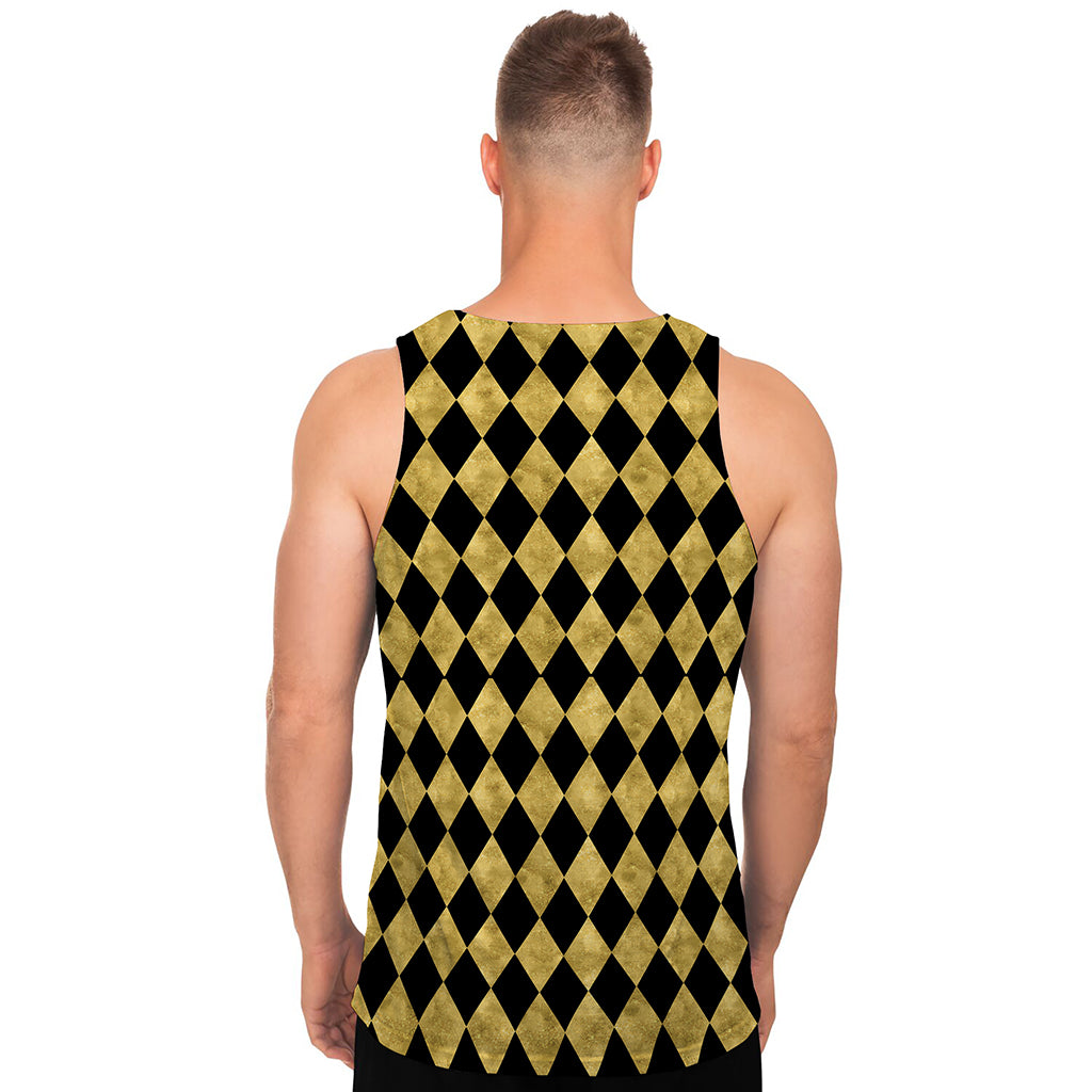 Black And Gold Harlequin Pattern Print Men's Tank Top