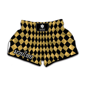 Black And Gold Harlequin Pattern Print Muay Thai Boxing Shorts