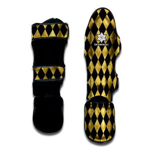 Black And Gold Harlequin Pattern Print Muay Thai Shin Guard