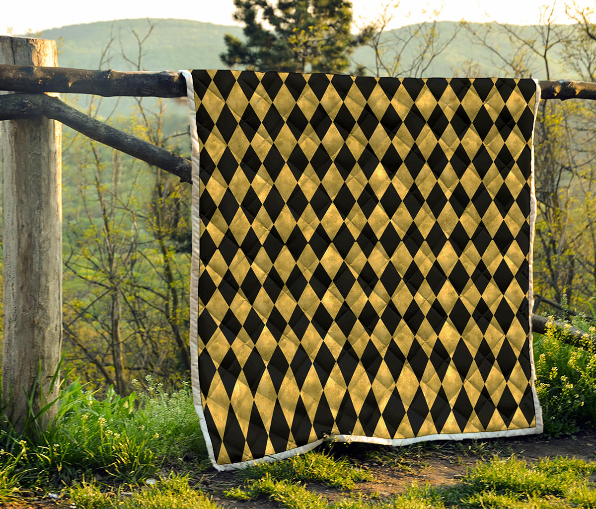 Black And Gold Harlequin Pattern Print Quilt
