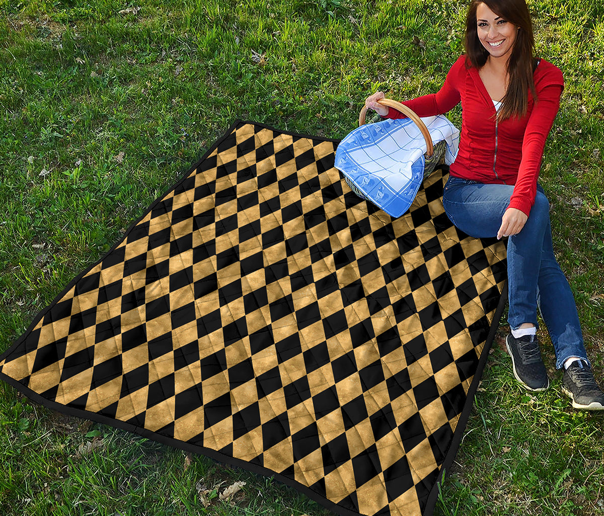 Black And Gold Harlequin Pattern Print Quilt