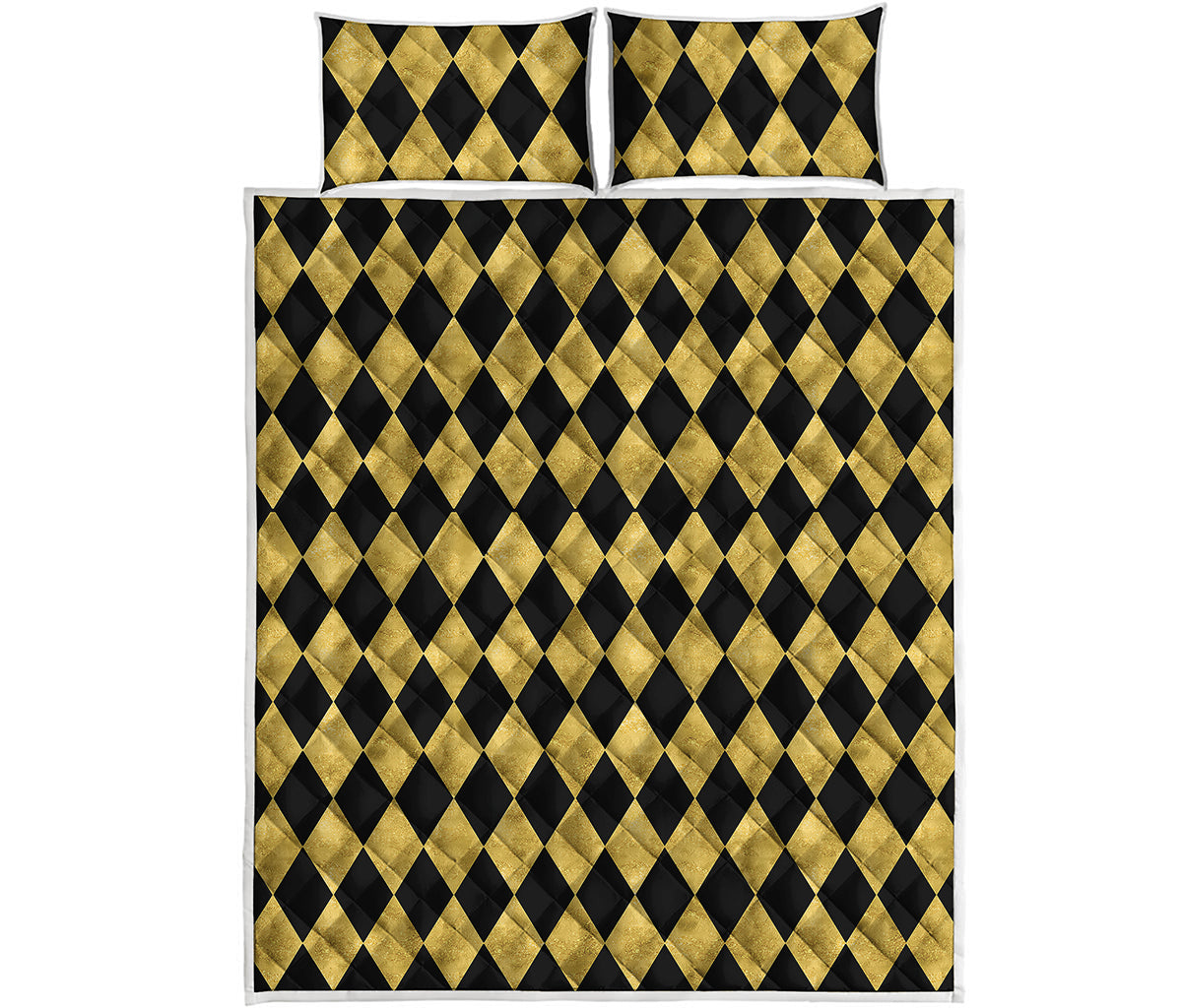 Black And Gold Harlequin Pattern Print Quilt Bed Set