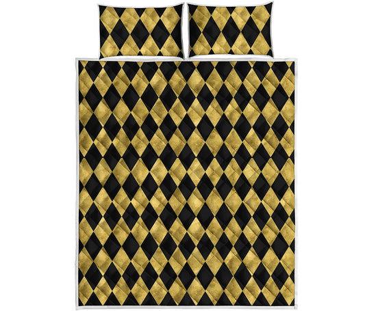 Black And Gold Harlequin Pattern Print Quilt Bed Set