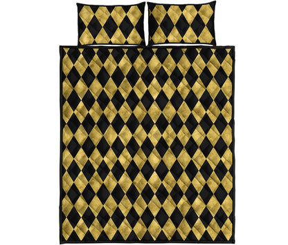 Black And Gold Harlequin Pattern Print Quilt Bed Set