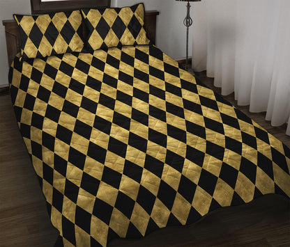 Black And Gold Harlequin Pattern Print Quilt Bed Set