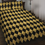 Black And Gold Harlequin Pattern Print Quilt Bed Set