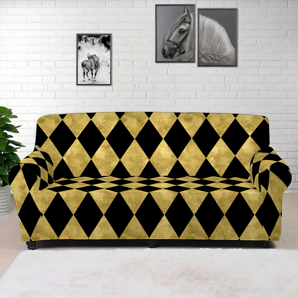 Black And Gold Harlequin Pattern Print Sofa Cover