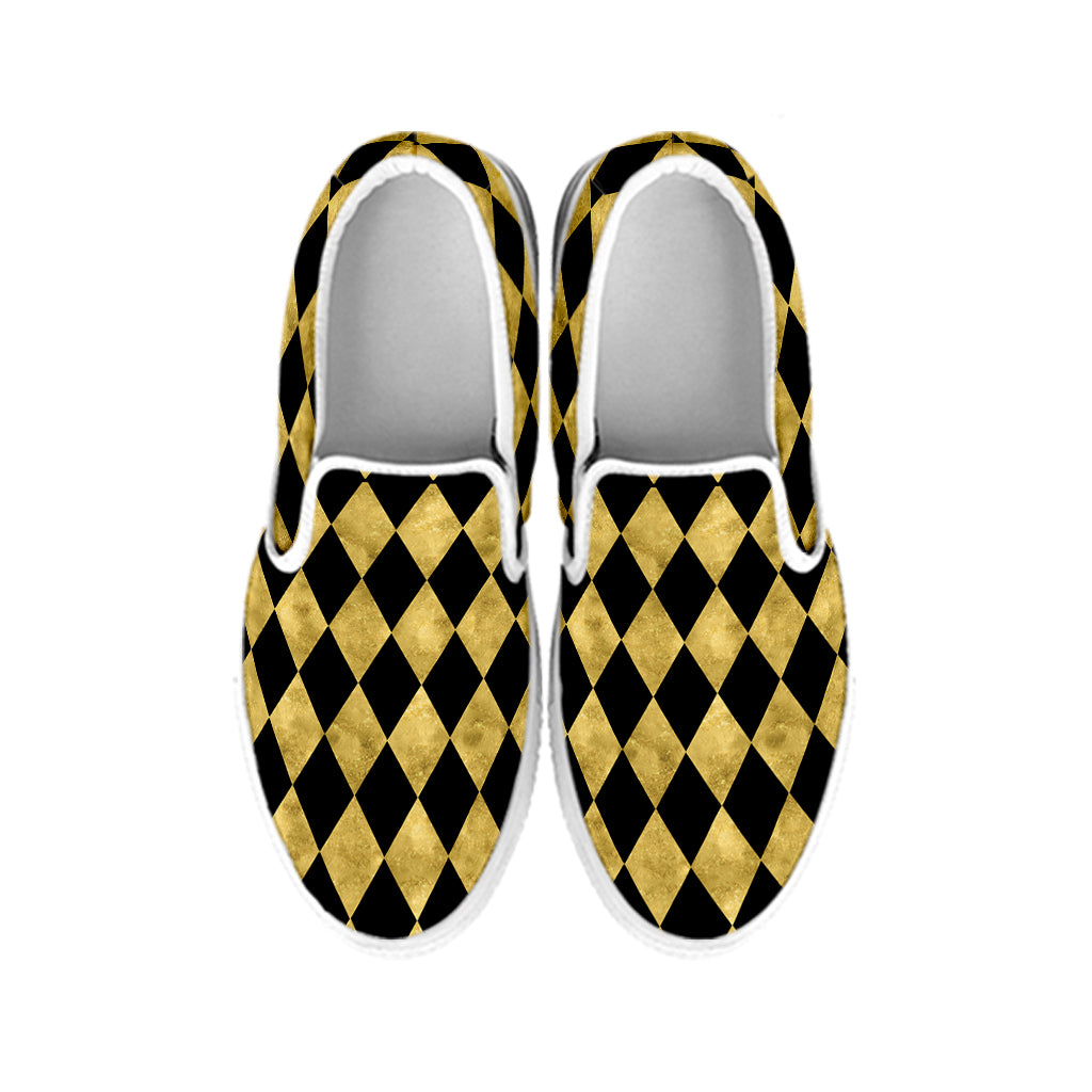 Black And Gold Harlequin Pattern Print White Slip On Shoes