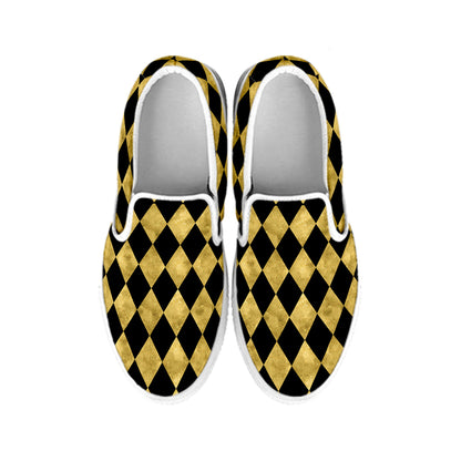 Black And Gold Harlequin Pattern Print White Slip On Shoes