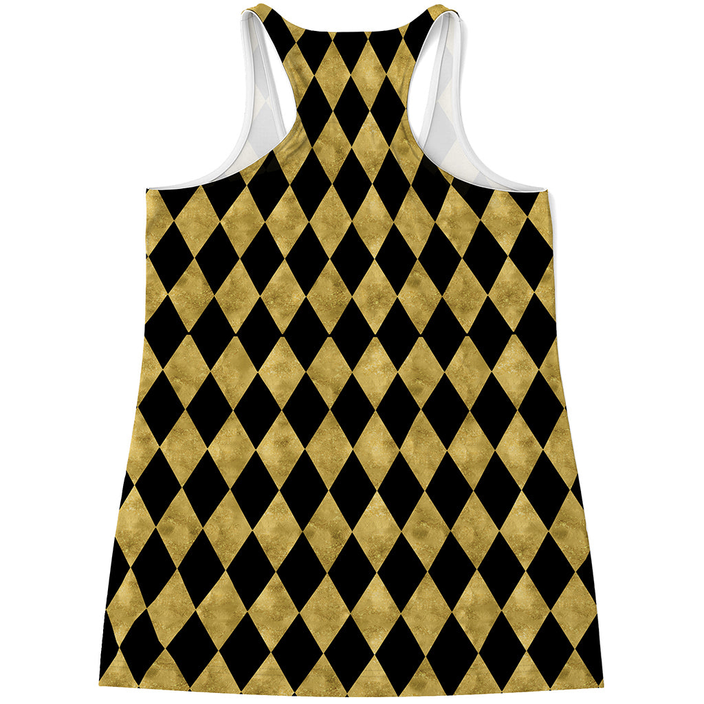 Black And Gold Harlequin Pattern Print Women's Racerback Tank Top