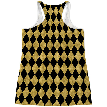 Black And Gold Harlequin Pattern Print Women's Racerback Tank Top