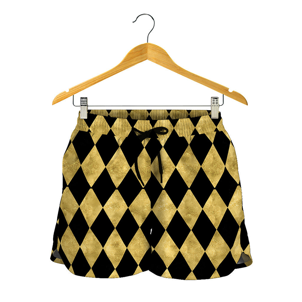 Black And Gold Harlequin Pattern Print Women's Shorts