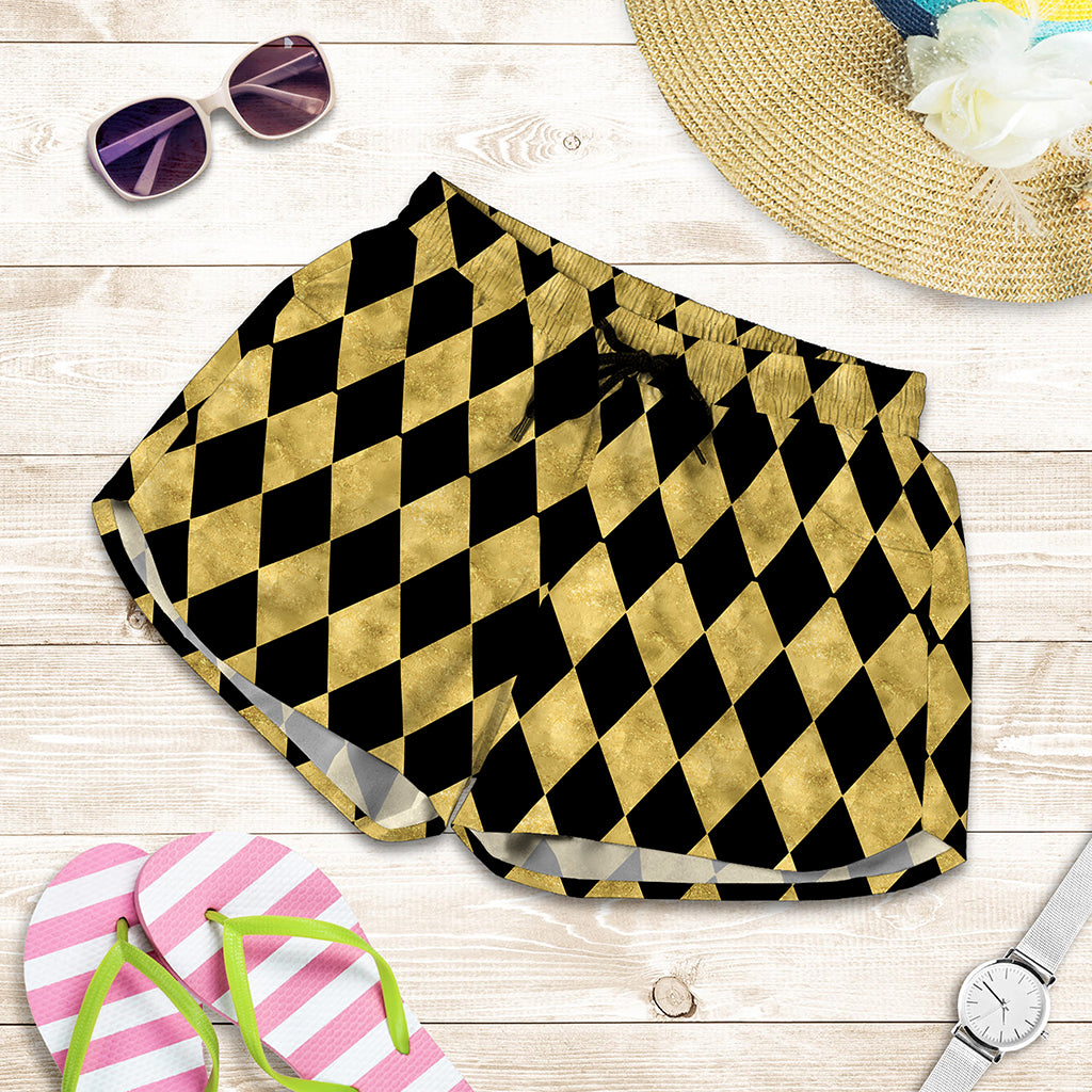 Black And Gold Harlequin Pattern Print Women's Shorts