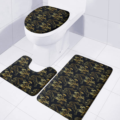 Black And Gold Japanese Tiger Print 3 Piece Bath Mat Set