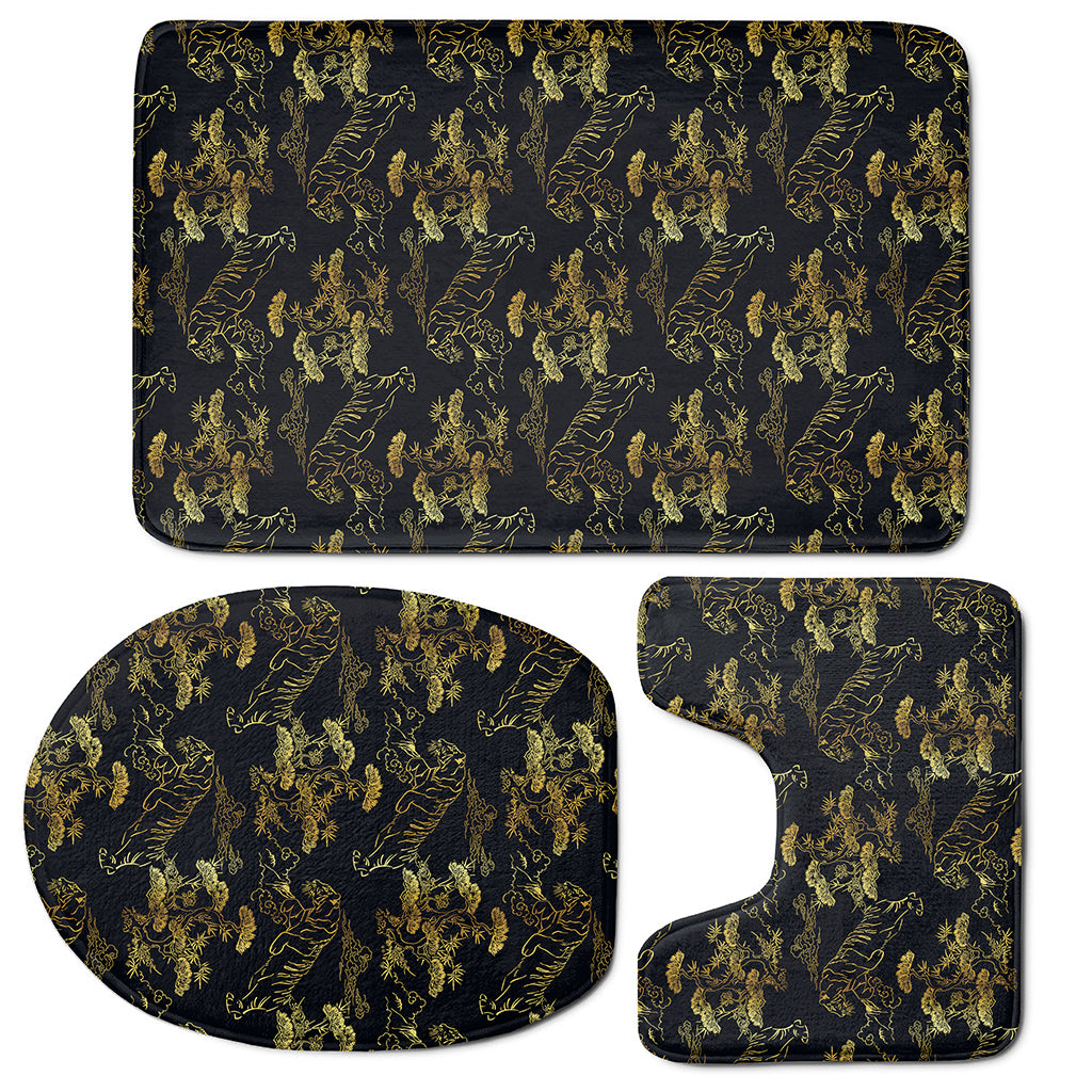Black And Gold Japanese Tiger Print 3 Piece Bath Mat Set