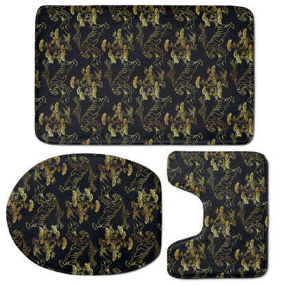 Black And Gold Japanese Tiger Print 3 Piece Bath Mat Set