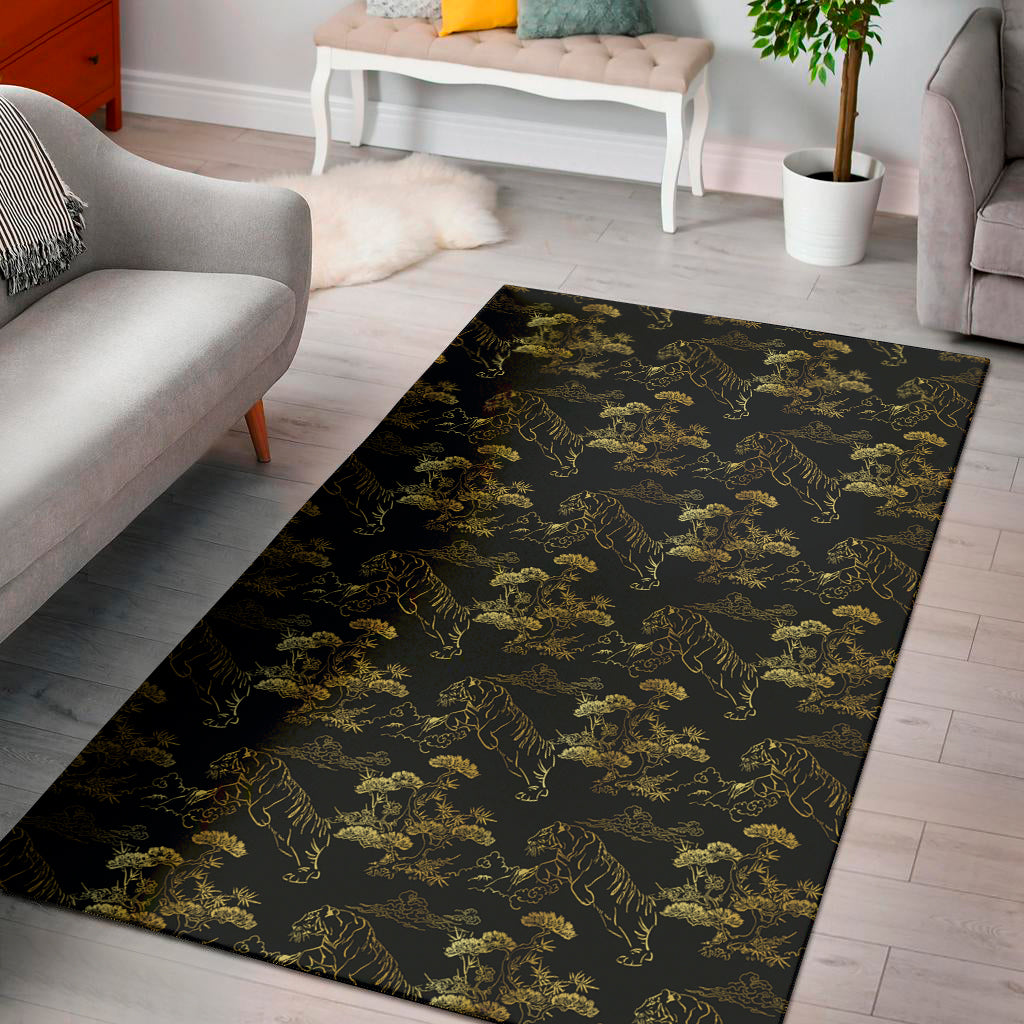 Black And Gold Japanese Tiger Print Area Rug