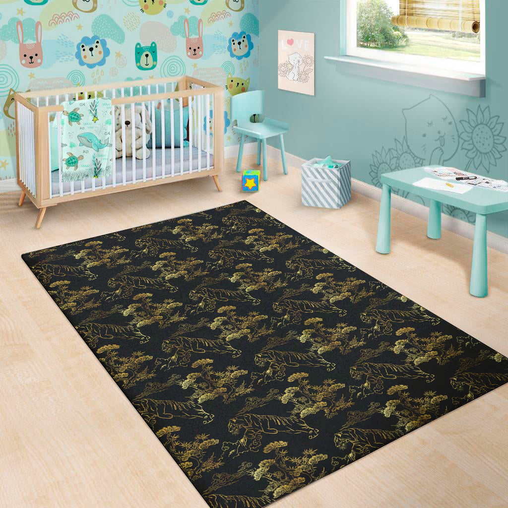 Black And Gold Japanese Tiger Print Area Rug