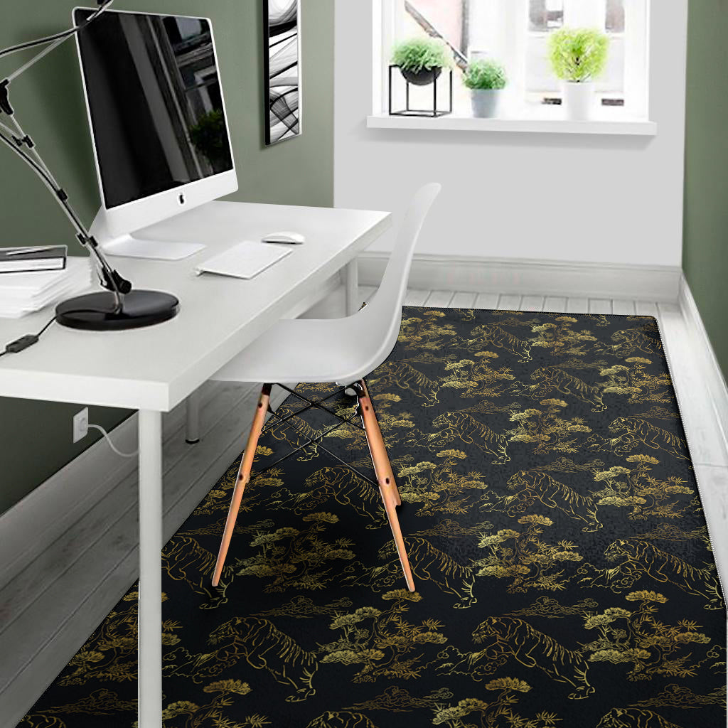 Black And Gold Japanese Tiger Print Area Rug