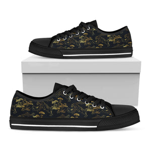 Black And Gold Japanese Tiger Print Black Low Top Shoes