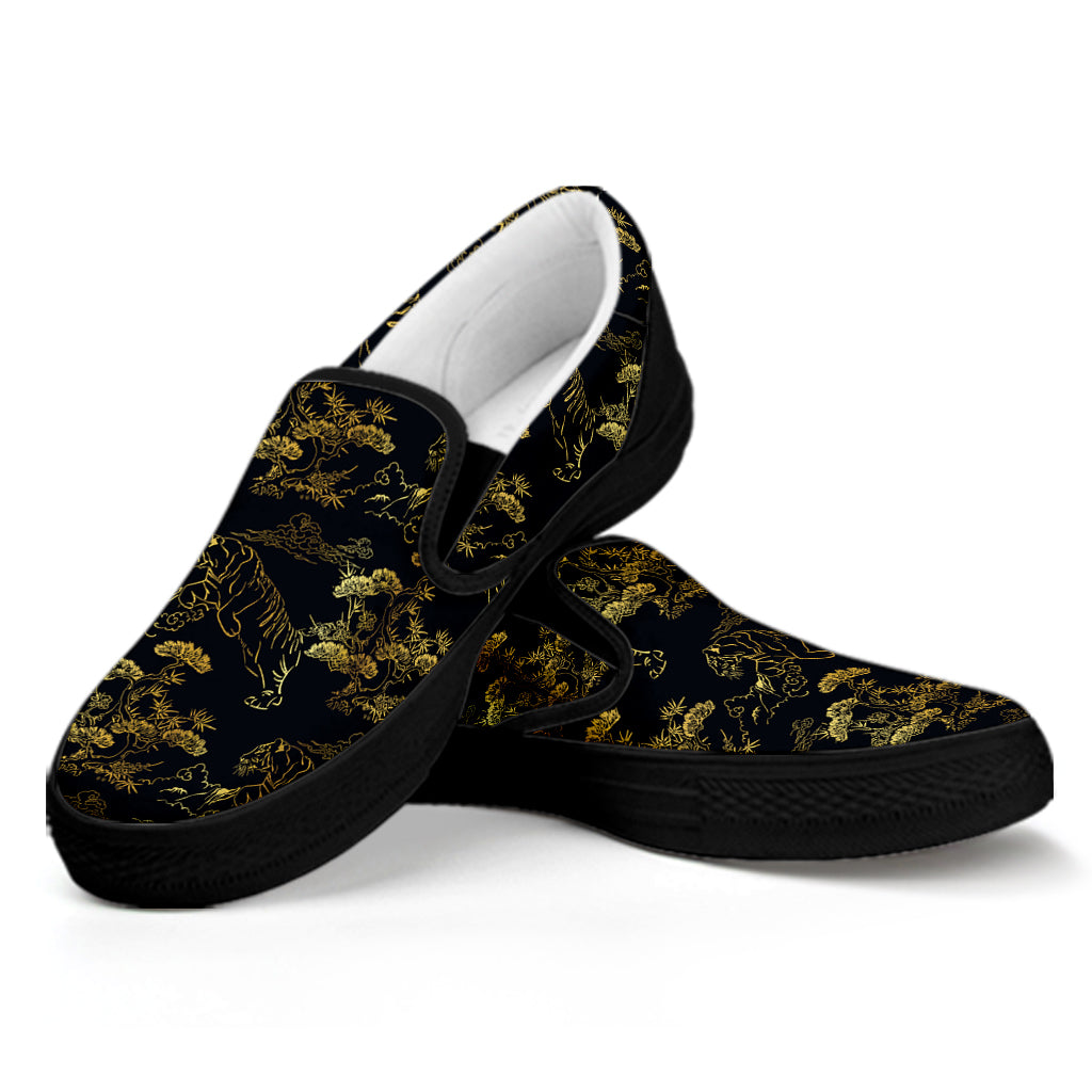 Black And Gold Japanese Tiger Print Black Slip On Shoes