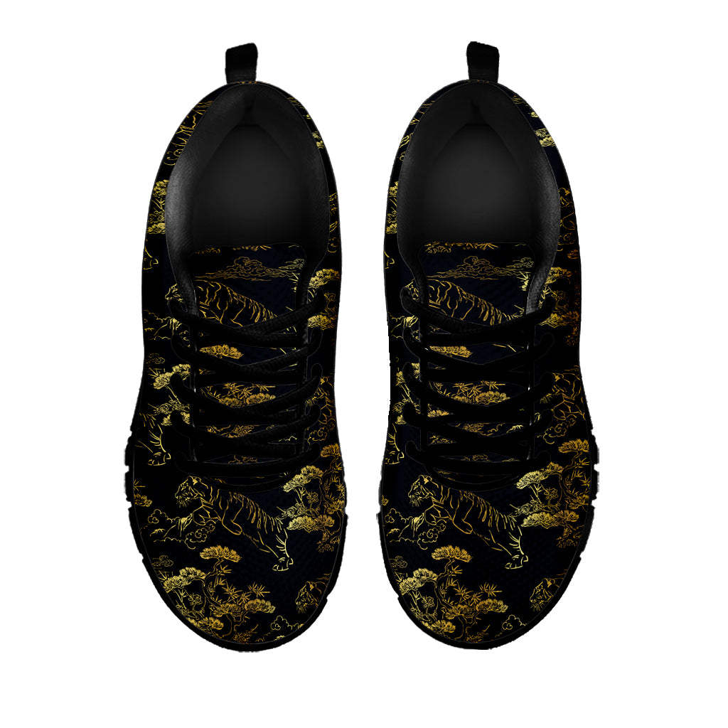 Black And Gold Japanese Tiger Print Black Sneakers