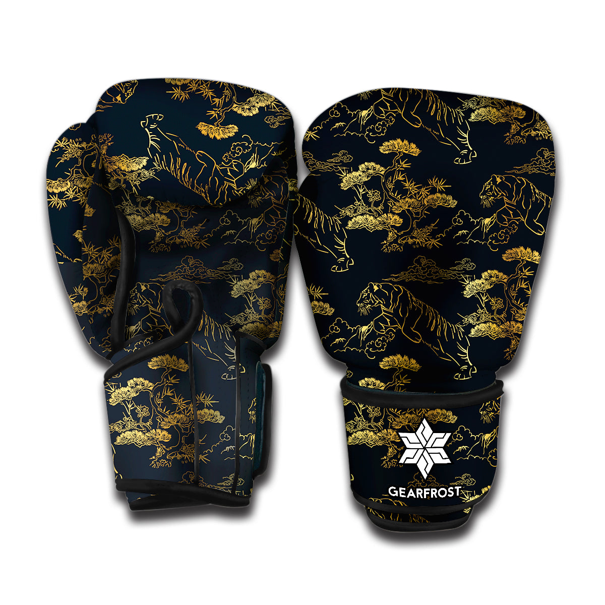 Black And Gold Japanese Tiger Print Boxing Gloves