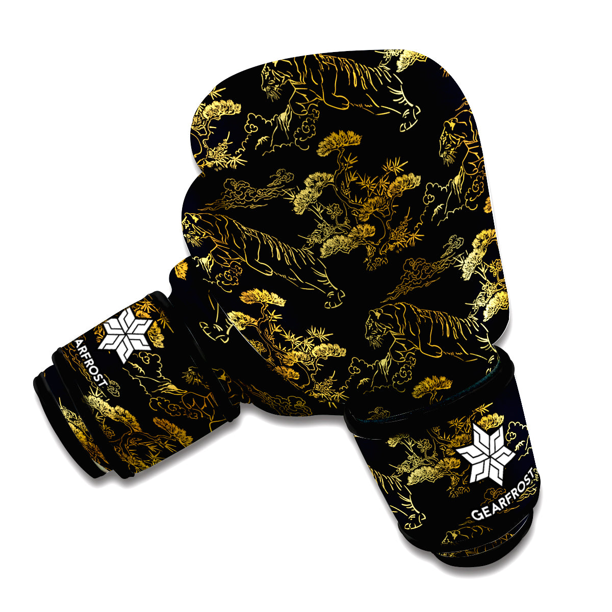 Black And Gold Japanese Tiger Print Boxing Gloves