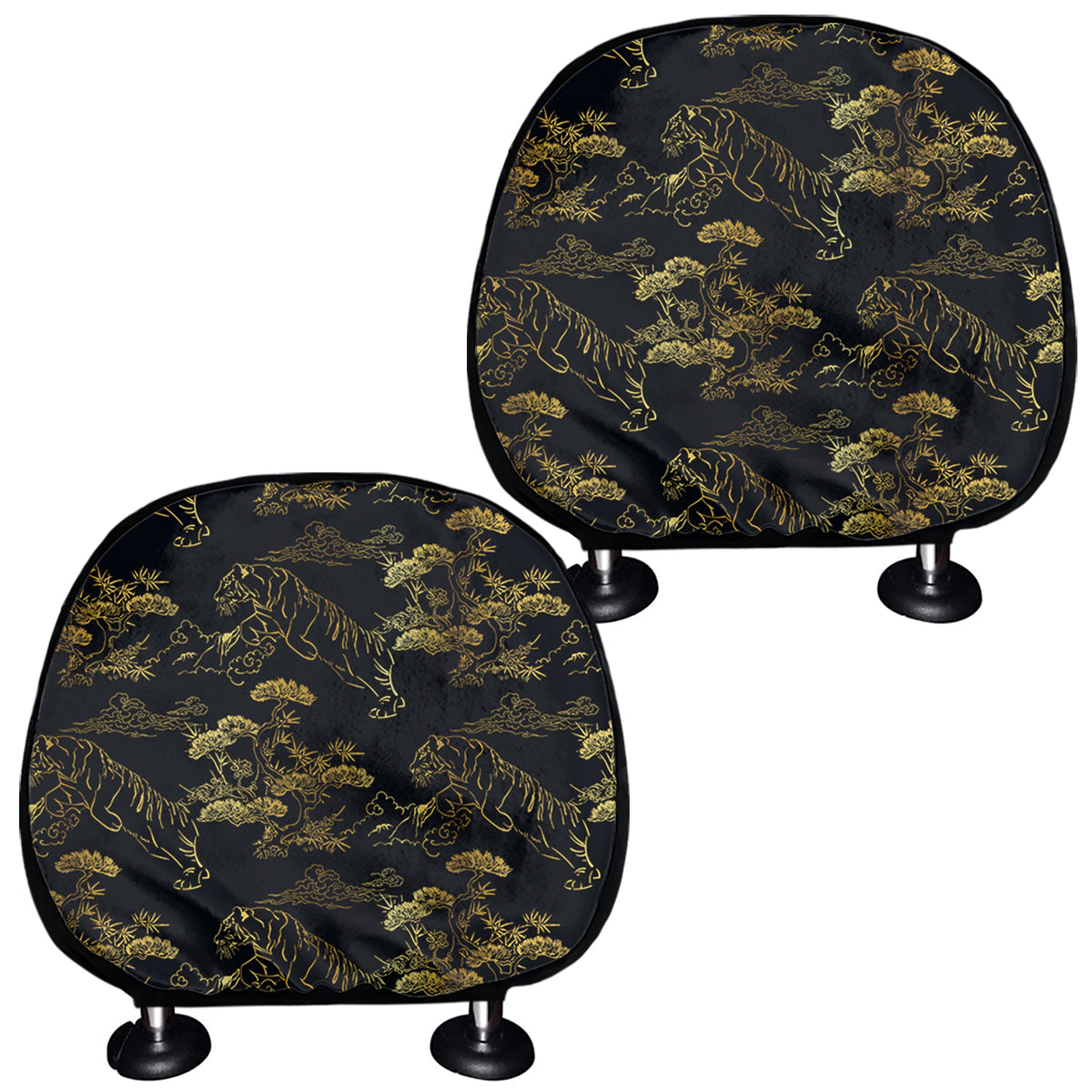 Black And Gold Japanese Tiger Print Car Headrest Covers