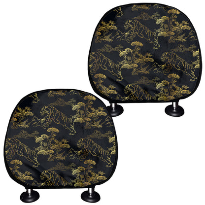 Black And Gold Japanese Tiger Print Car Headrest Covers