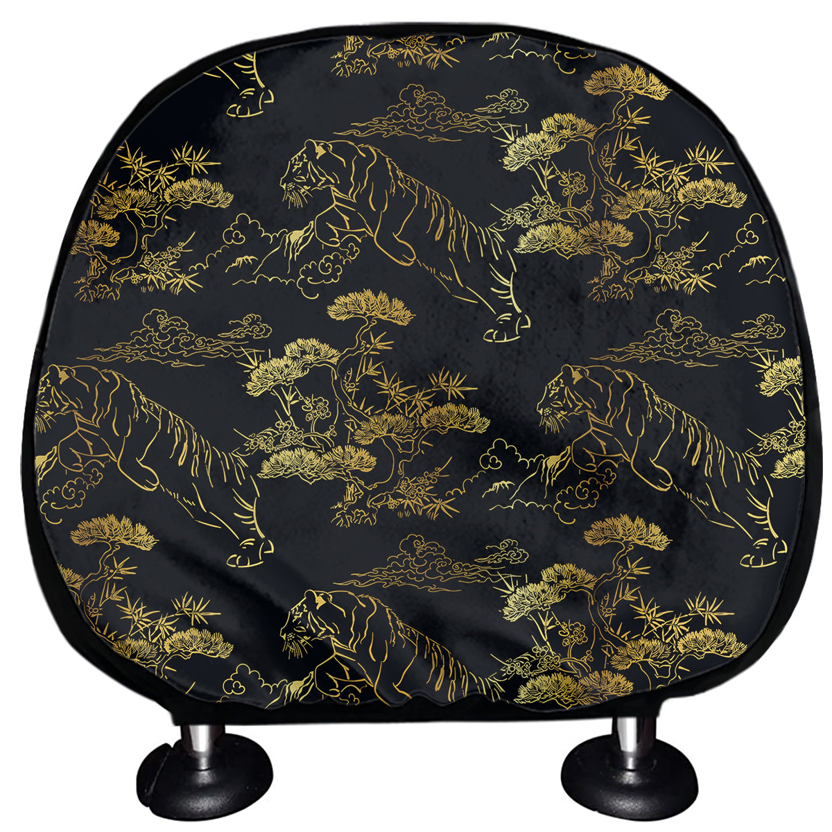 Black And Gold Japanese Tiger Print Car Headrest Covers