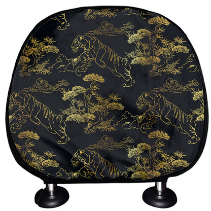 Black And Gold Japanese Tiger Print Car Headrest Covers