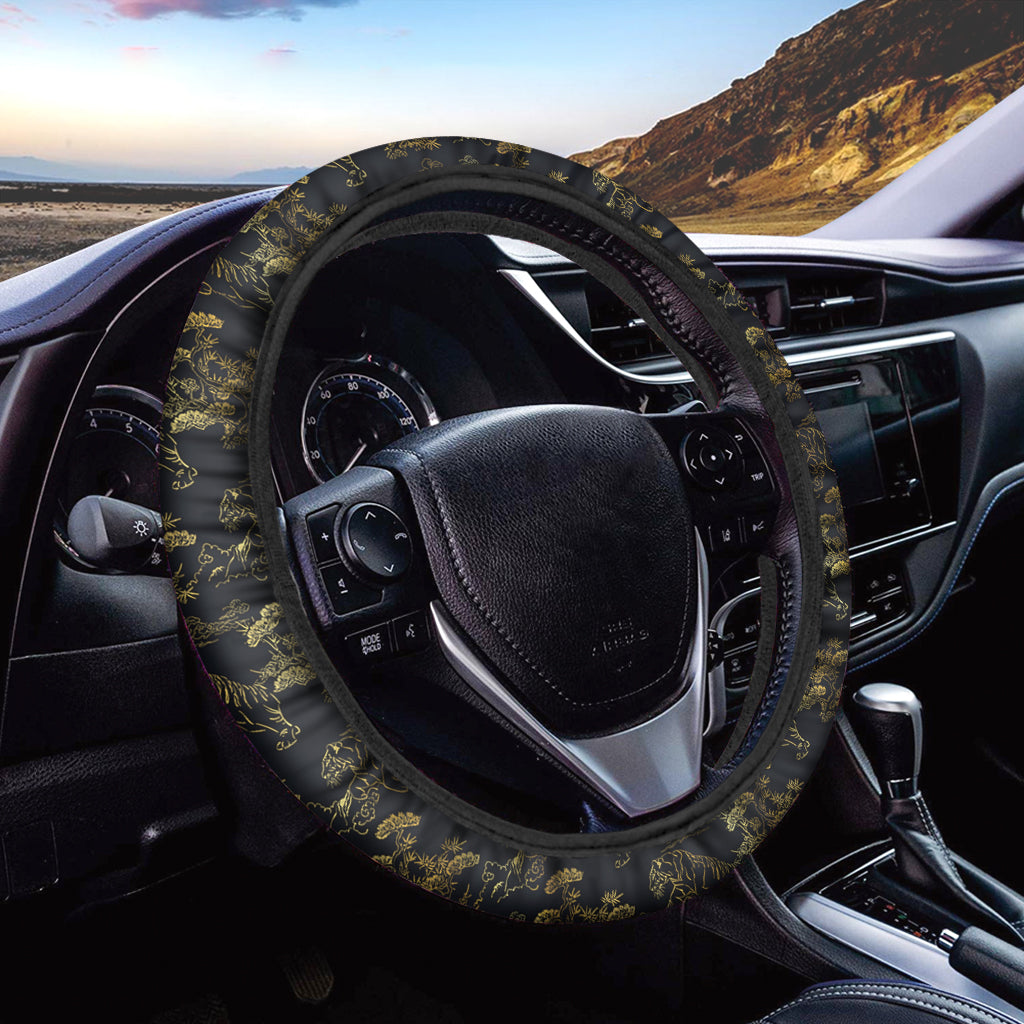 Black And Gold Japanese Tiger Print Car Steering Wheel Cover