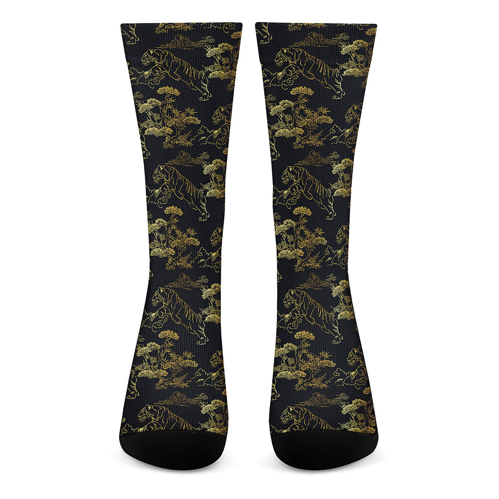 Black And Gold Japanese Tiger Print Crew Socks