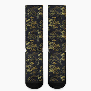 Black And Gold Japanese Tiger Print Crew Socks