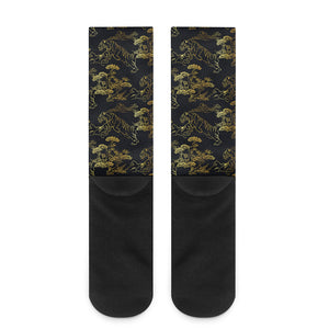 Black And Gold Japanese Tiger Print Crew Socks