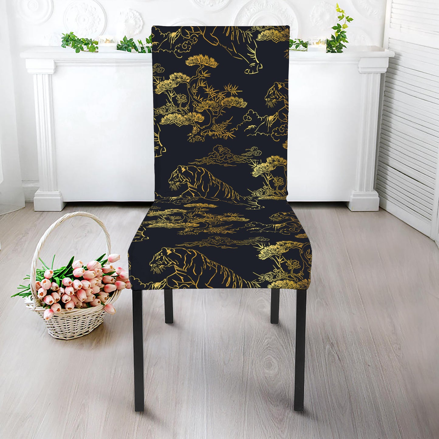 Black And Gold Japanese Tiger Print Dining Chair Slipcover