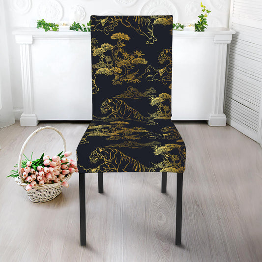 Black And Gold Japanese Tiger Print Dining Chair Slipcover
