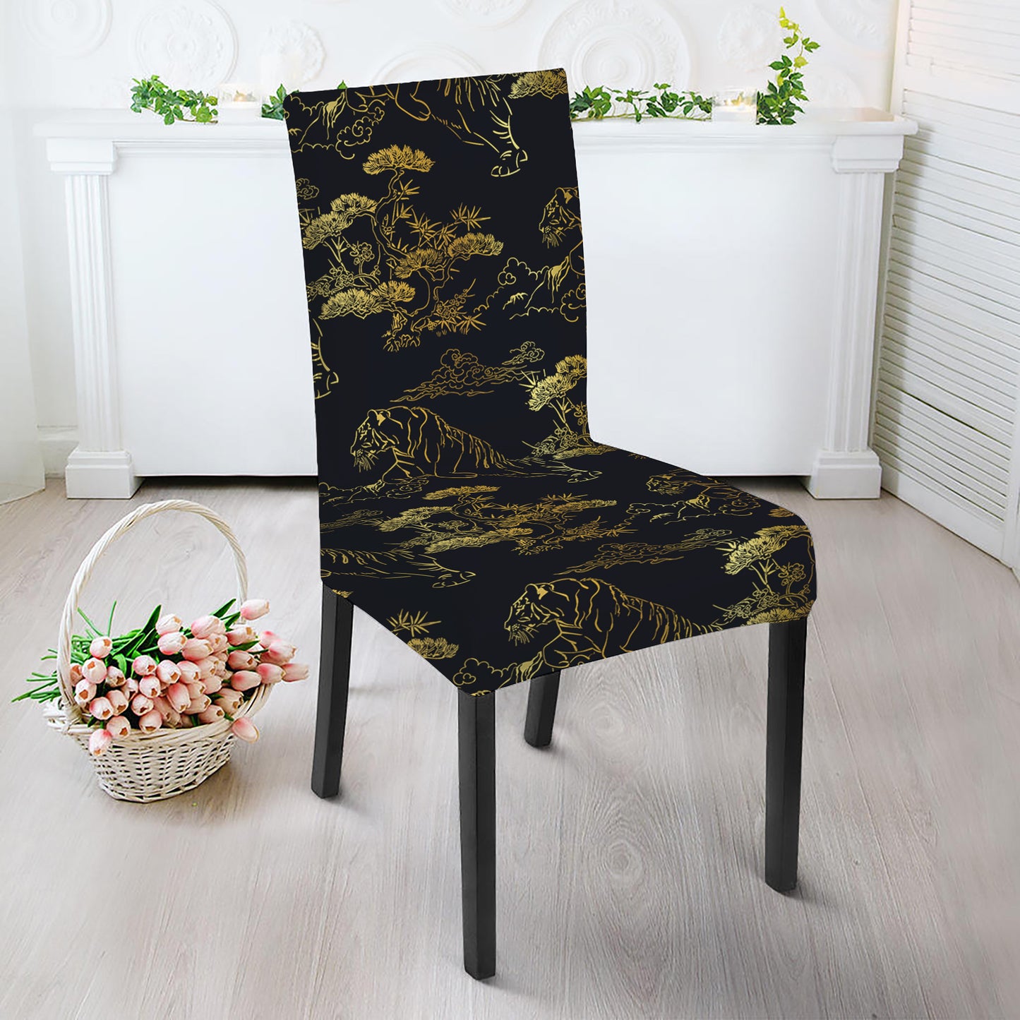 Black And Gold Japanese Tiger Print Dining Chair Slipcover